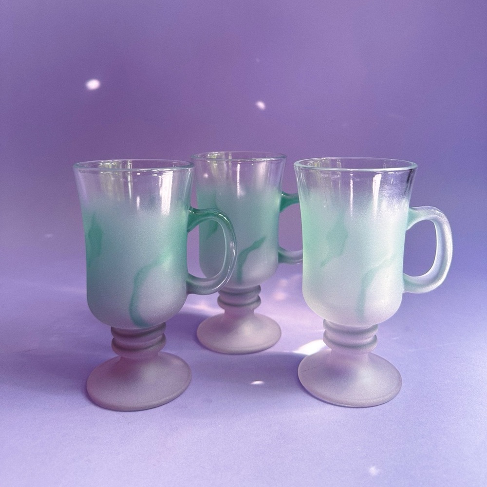 Vintage Libbey Frosted Footed Glass Mugs Cups W/ Handle, Set of 3